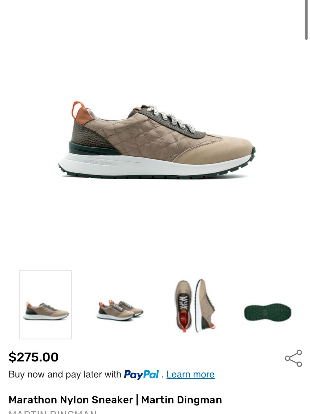 Martin Dingman Quilted Taupe Sneaker with Green Sole and Orange Pull Tab